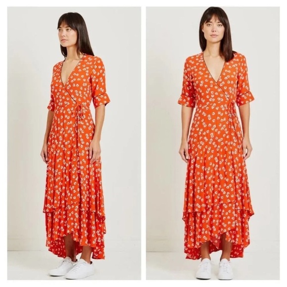 Ganni Crepe Floral Tiered Maxi Wrap Dress Size 36 US Small - Picture 8 of 11